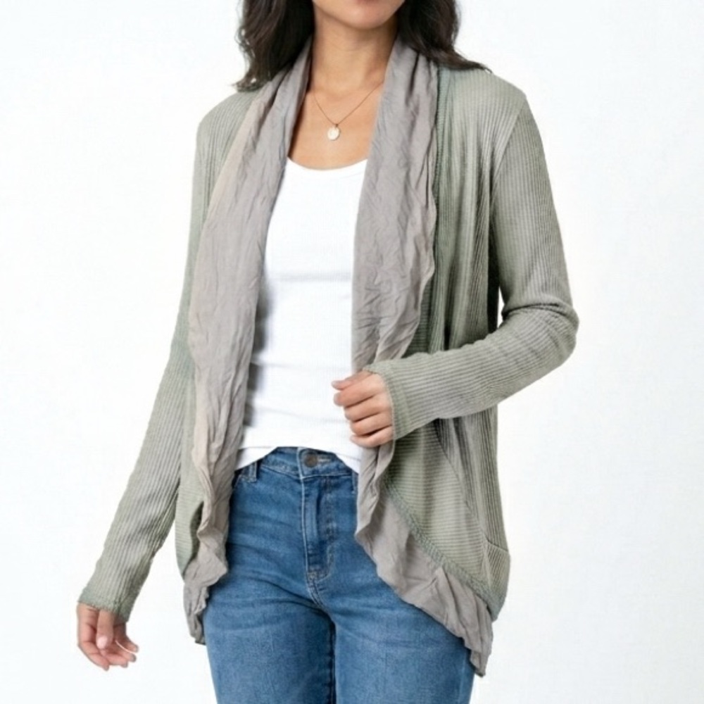 Anthropologie Silk Boho Ruffle LEFT COAST Mixed Media Ribbed Cardigan Grey Green